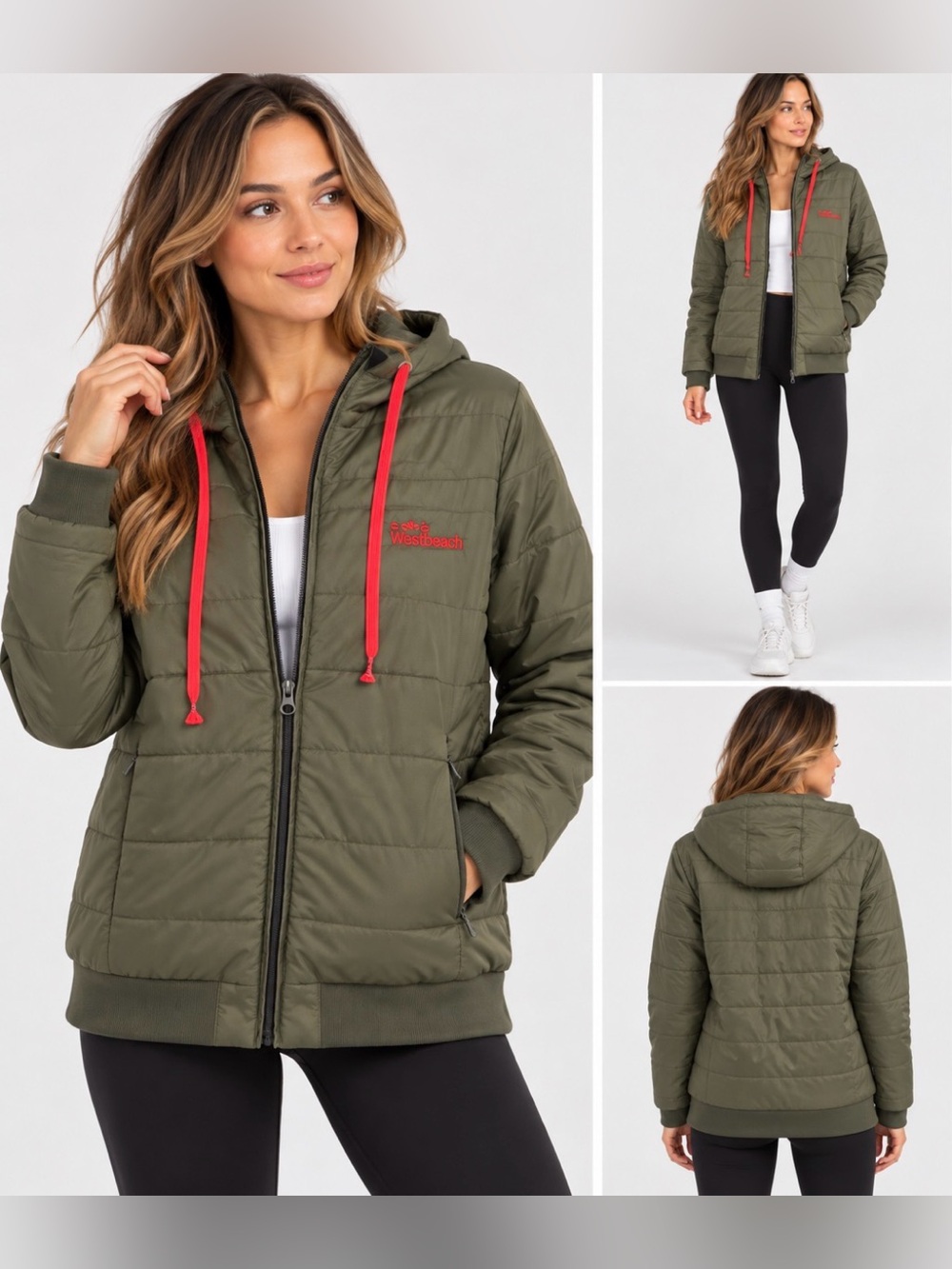 Westbeach Olive Quilted Hooded Puffer Jacket Red Detail Size M